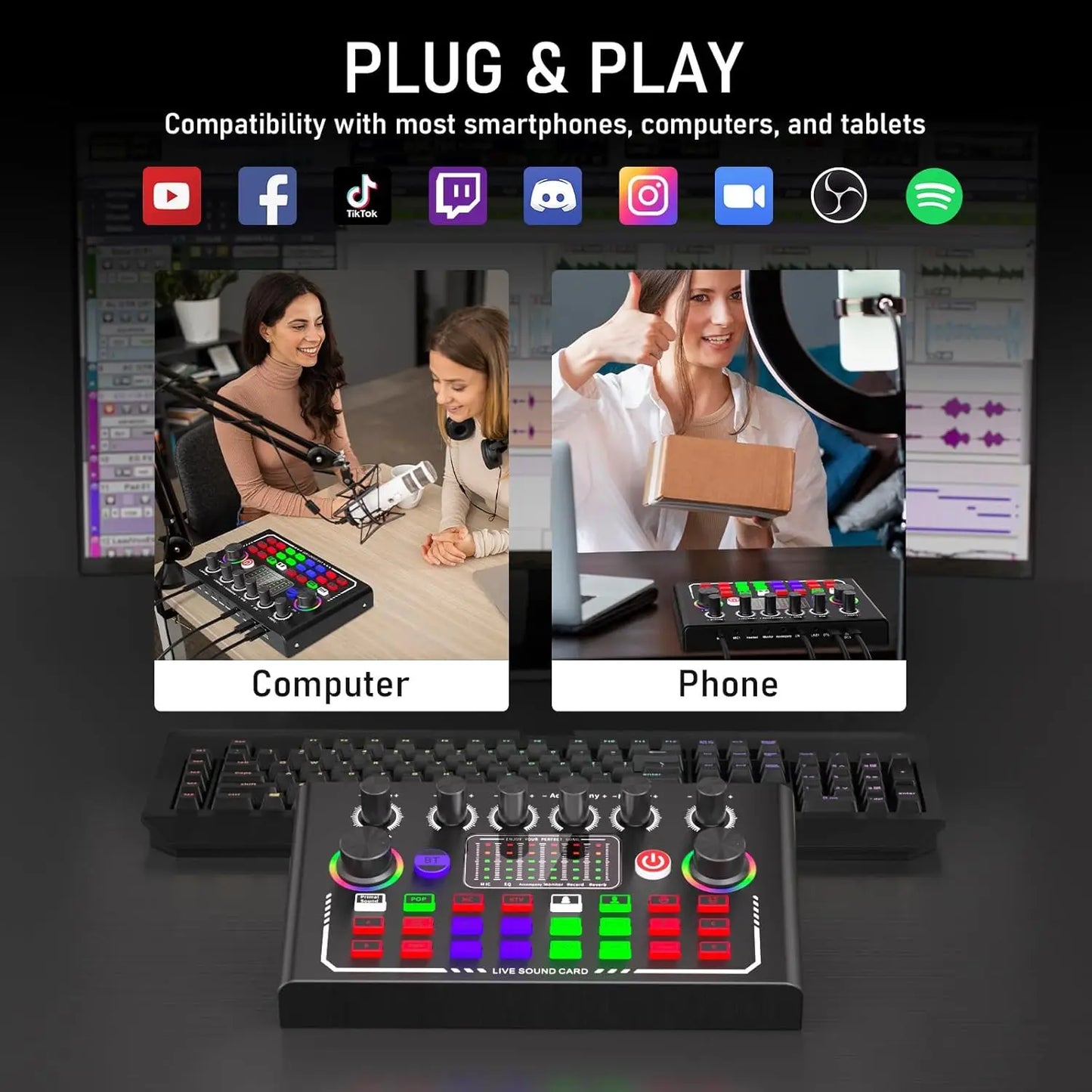 Black f009 live sound audio dj mixer with colorful led buttons and knobs for smartphone live streaming use