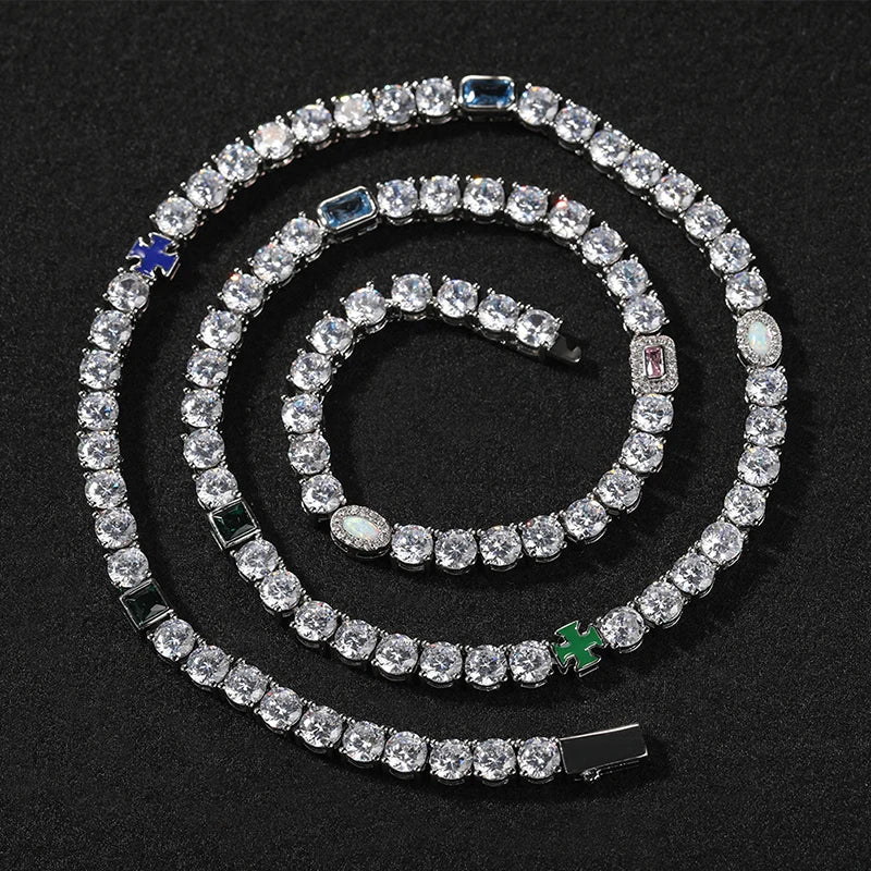 Hip Hop Color CZ Stone Paved Bling Iced Out Cross Tennis Link Chain Bracelets Necklaces for Men Women Unisex Rapper Jewelry
