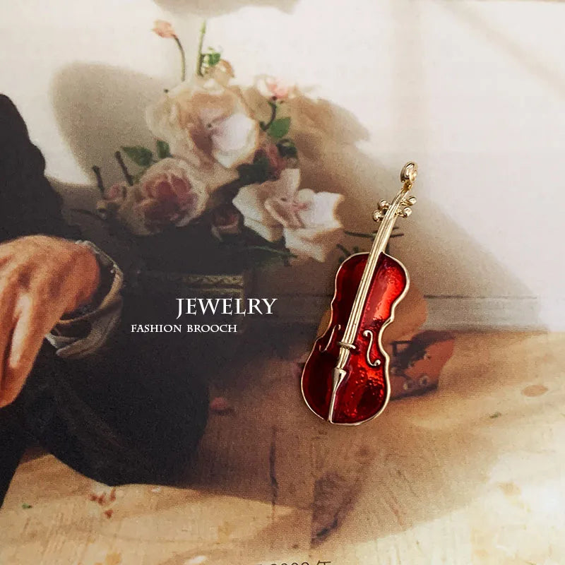 Classic Red Enamel Violin Guitar Brooches Women Alloy Weddings Banquet Brooch Pins Gifts