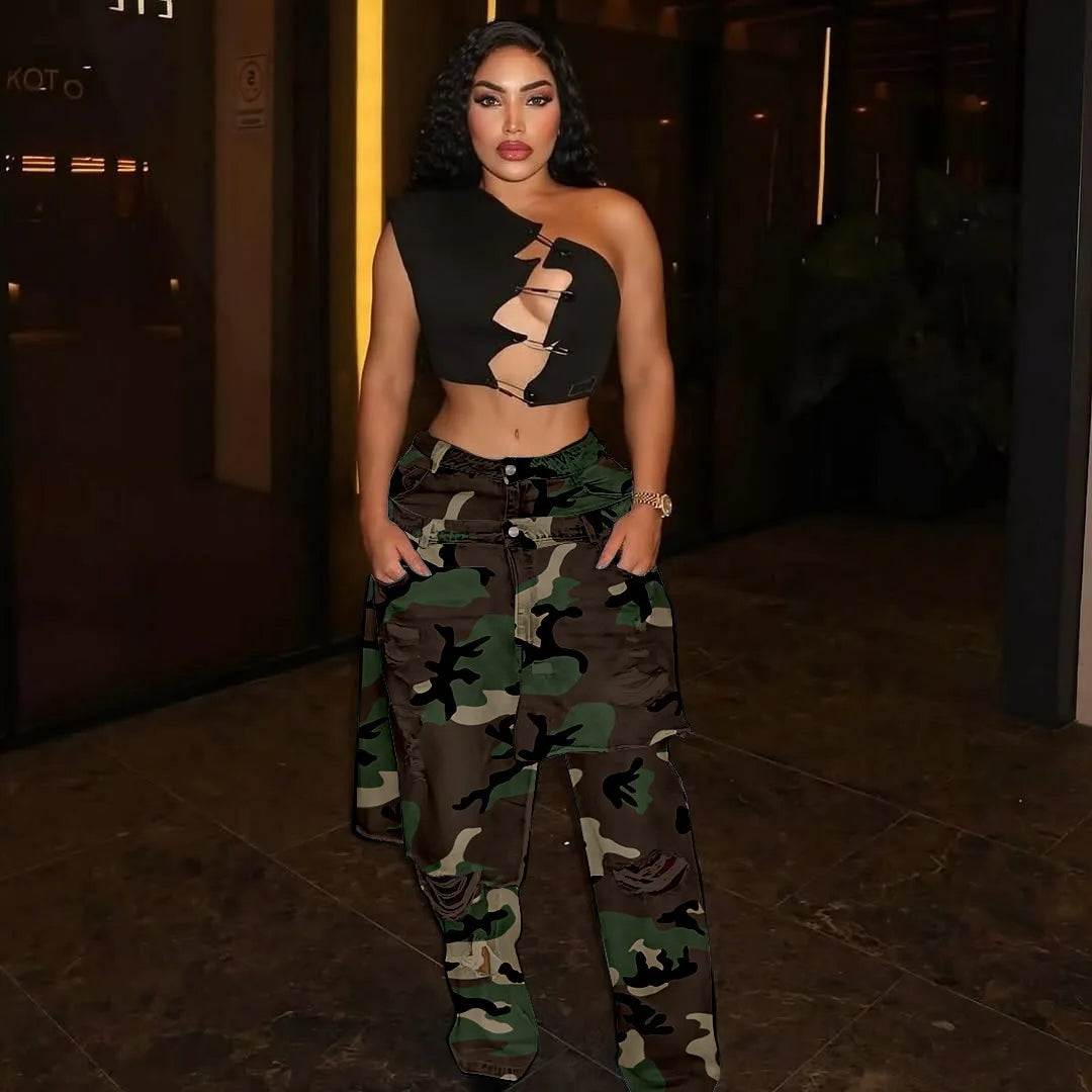 Hip Hop Ripped Camouflage Print Jeans Stretch Pants Sexy Women High Waist Elegant Camo Denim Straight Trousers