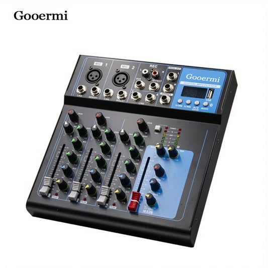 Black gooermi studio stereo audio blue tooth mixer with blue accents featuring multiple knobs and sliders for sound control