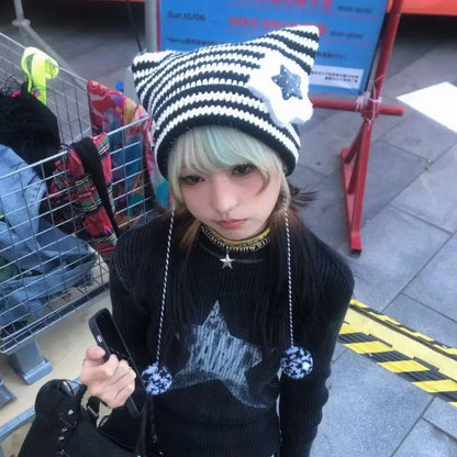 Hip-hop Y2K Beanie Hat Ins Devil Ear Striped Knitted Wool Cap Hip-hop Crochet Cute Cat Ears Pointed Pullover Women's Hats