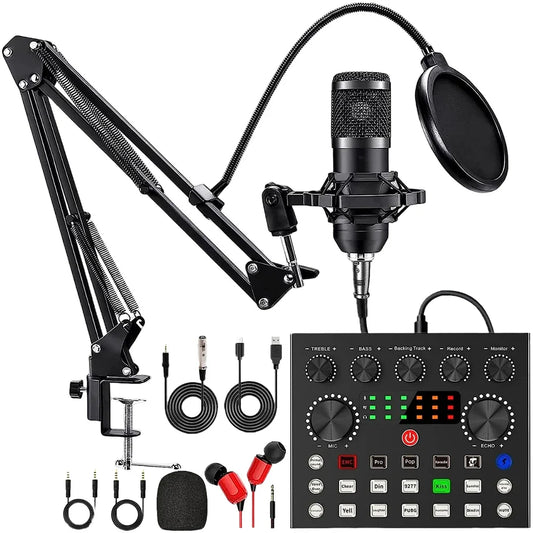 Black usb microphone with pop filter and adjustable arm mounted on f998 bluetooth sound card console studio mixer