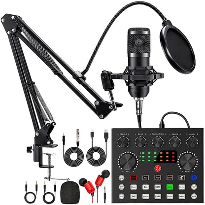 Black usb microphone with pop filter and adjustable arm mounted on f998 bluetooth sound card console studio panel