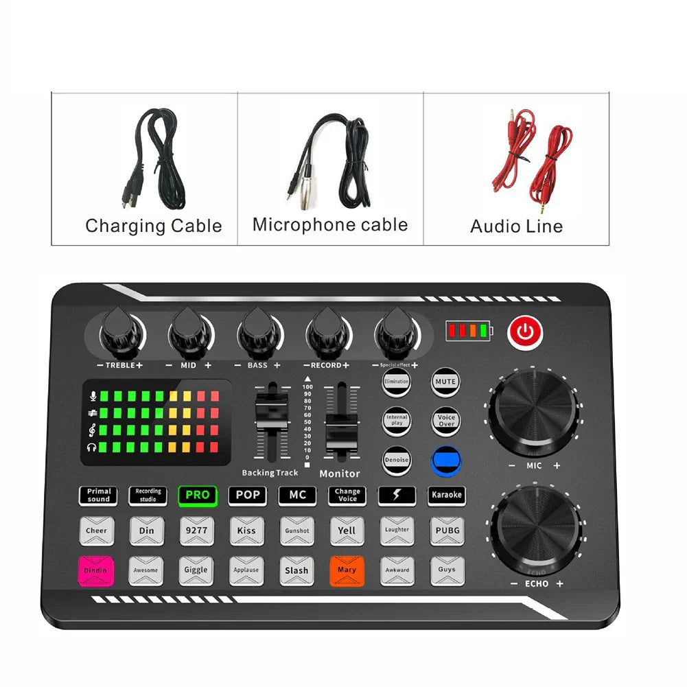 Black rectangular f998 bluetooth sound card console studio with multiple knobs for vocal effects and usb microphone mixing
