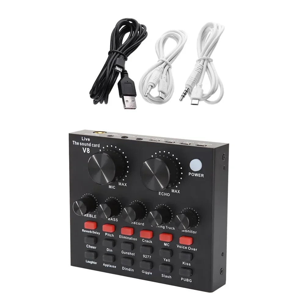 Black rectangular f998 bluetooth sound card console studio with multiple knobs buttons for usb microphone audio effects and cables