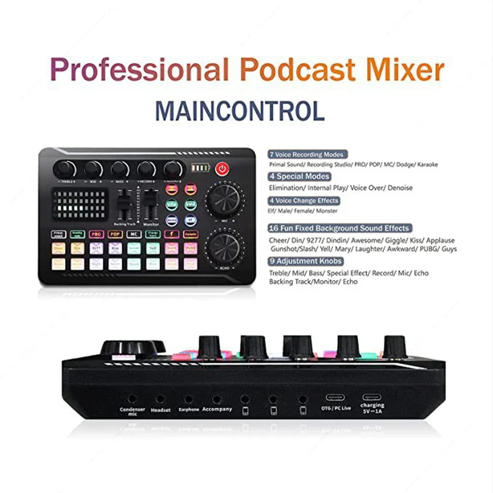 Black f998 bluetooth sound card console studio with colorful buttons usb microphone live voice mixer equipment