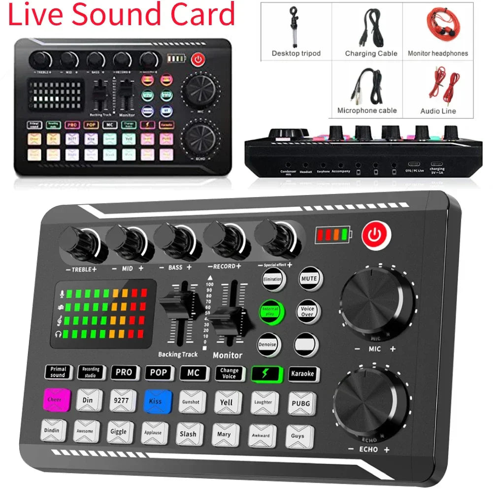 Black rectangular f998 bluetooth sound card console studio with knobs buttons usb microphone live voice mixer