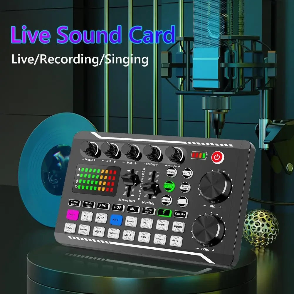 Black rectangular f998 bluetooth sound card console studio with multiple knobs usb microphone live voice mixer