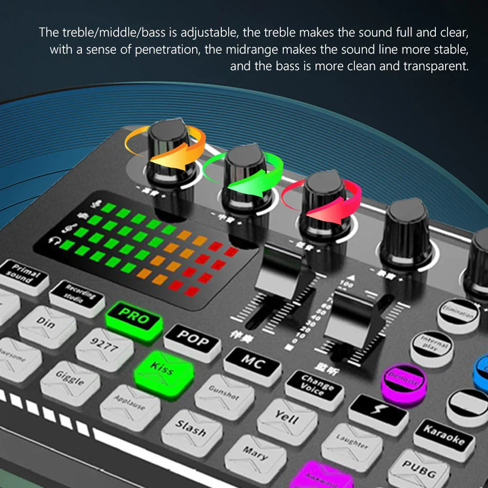 Black and silver f998 bluetooth sound card console studio with colorful leds usb microphone and labeled sound adjustment knobs