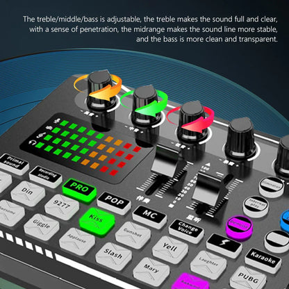 Black and silver f998 bluetooth sound card console studio with colorful leds usb microphone and labeled sound adjustment knobs