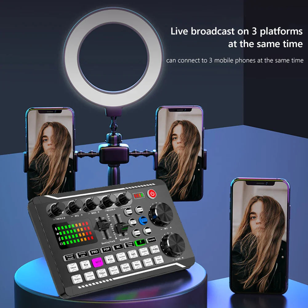 Black and silver f998 bluetooth sound card console studio mixer with usb microphone input and digital display for live broadcasting