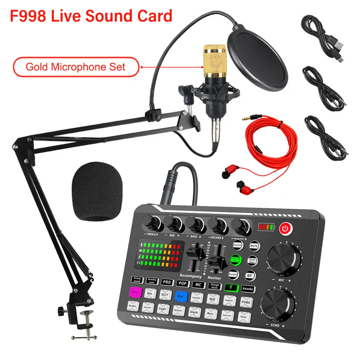 Black f998 podcast live sound card with gold microphone set mixer and red audio cables recording studio package