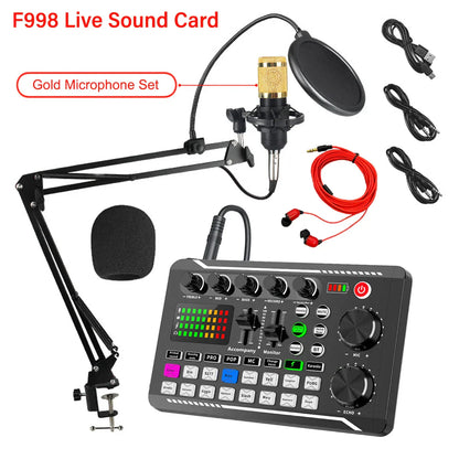 Black f998 podcast live sound card with gold microphone set mixer and red audio cables recording studio package