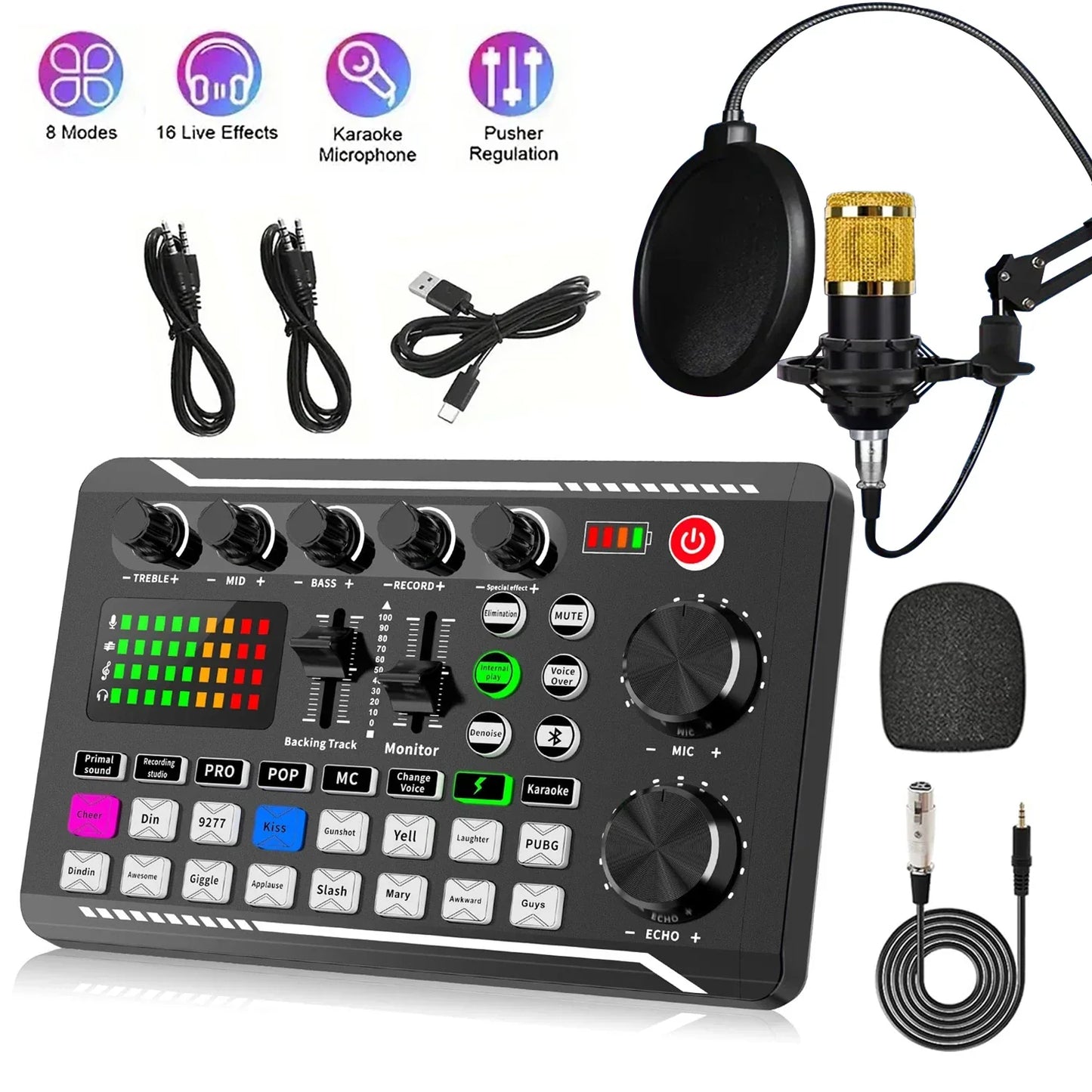 Black f998 podcast live audio mixer with gold microphone and pop filter included in professional recording studio package