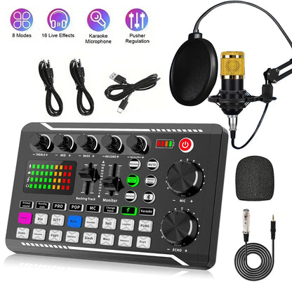Black f998 podcast live audio mixer with gold microphone and pop filter included in professional recording studio package