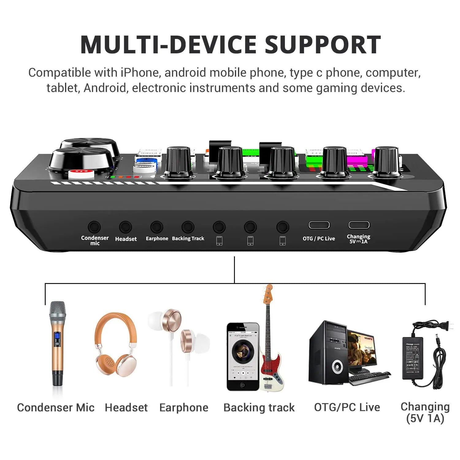 Black f998 podcast live multi-device audio interface with multiple knobs and ports for microphone set mixer recording studio package