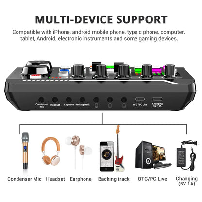 Black f998 podcast live multi-device audio interface with multiple knobs and ports for microphone set mixer recording studio package