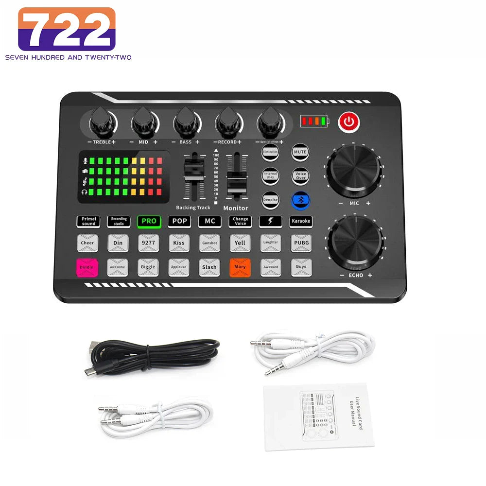 Black f998 sound card microphone sound mixer with colorful led display and multiple knobs mixing console amplifier