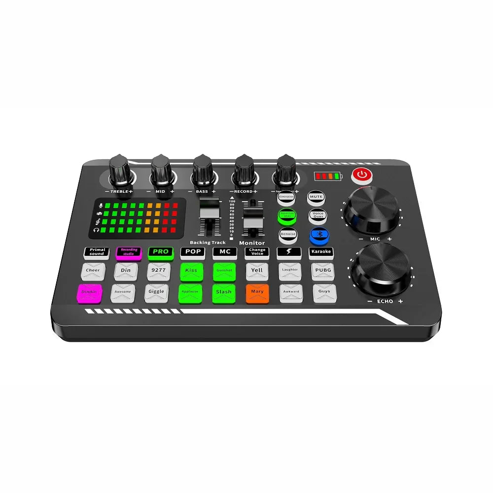 Black compact f998 sound card microphone sound mixer with colorful buttons for live audio mixing console functions