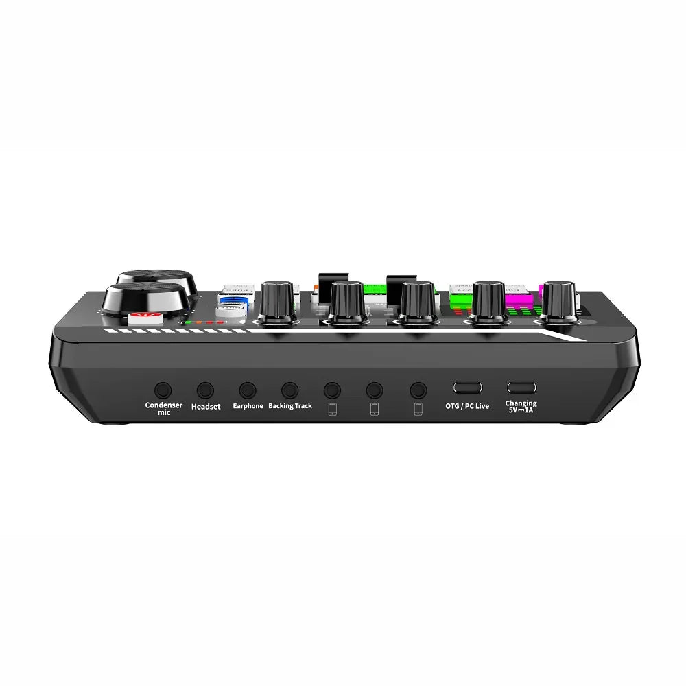 Black compact f998 sound card microphone sound mixer audio mixing console with multiple knobs and labeled input output ports