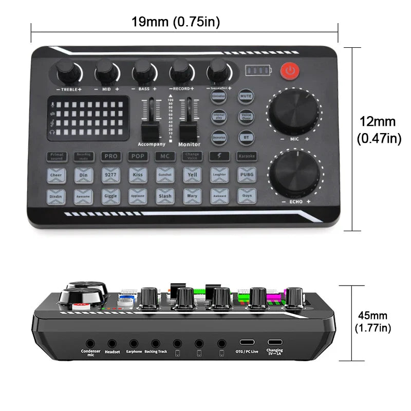 Black f998 sound card microphone sound mixer with multiple knobs and ports for audio mixing console amplifier use