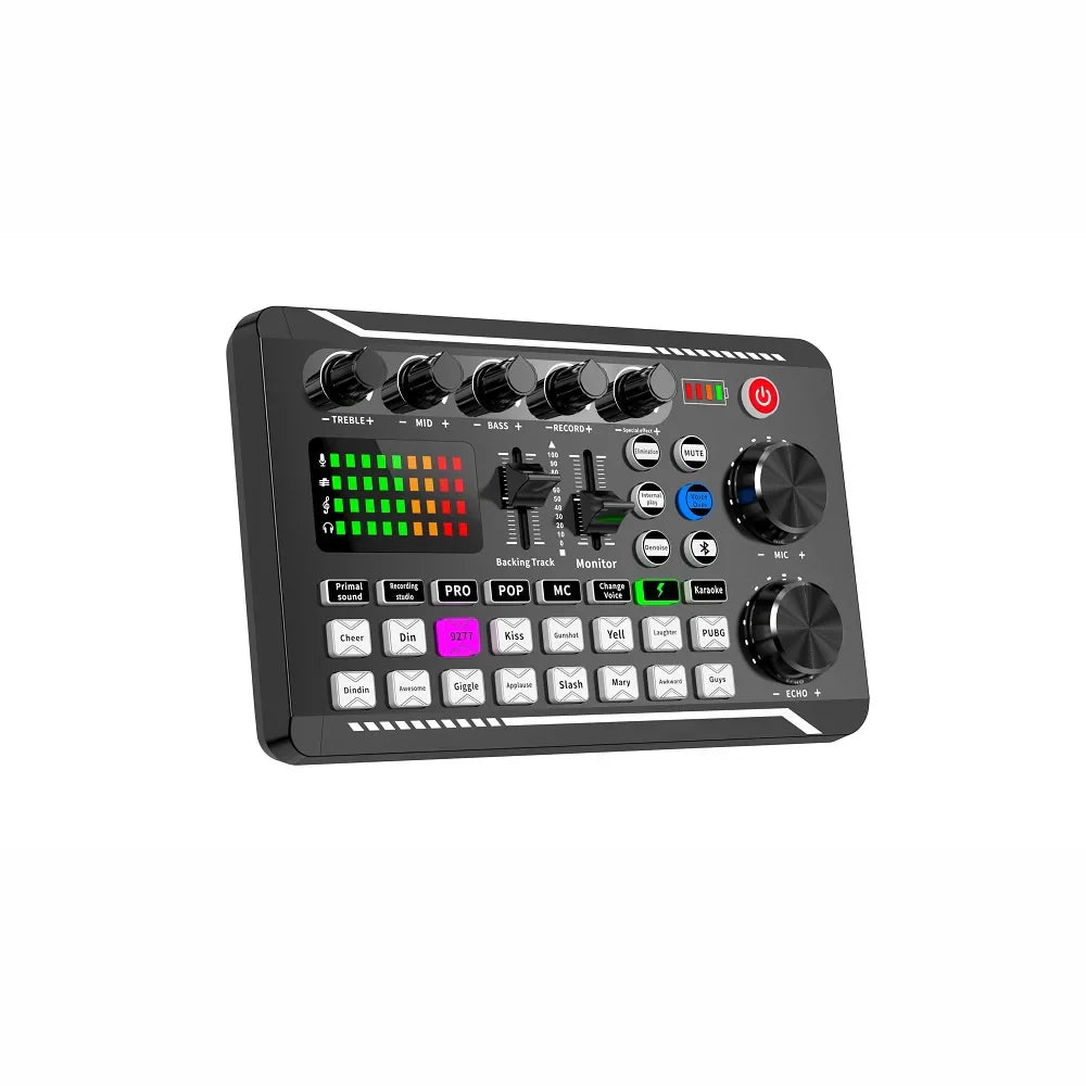 Black rectangular f998 sound card microphone sound mixer with multiple knobs and buttons for audio mixing console amplifier functions