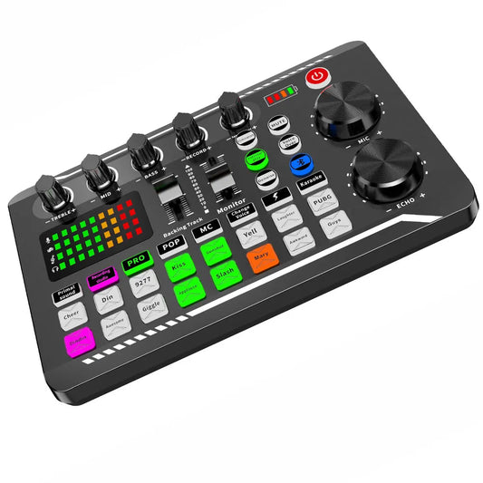 Black f998 sound card microphone sound mixer with colorful buttons and large rotary knobs for mixing console amplifier