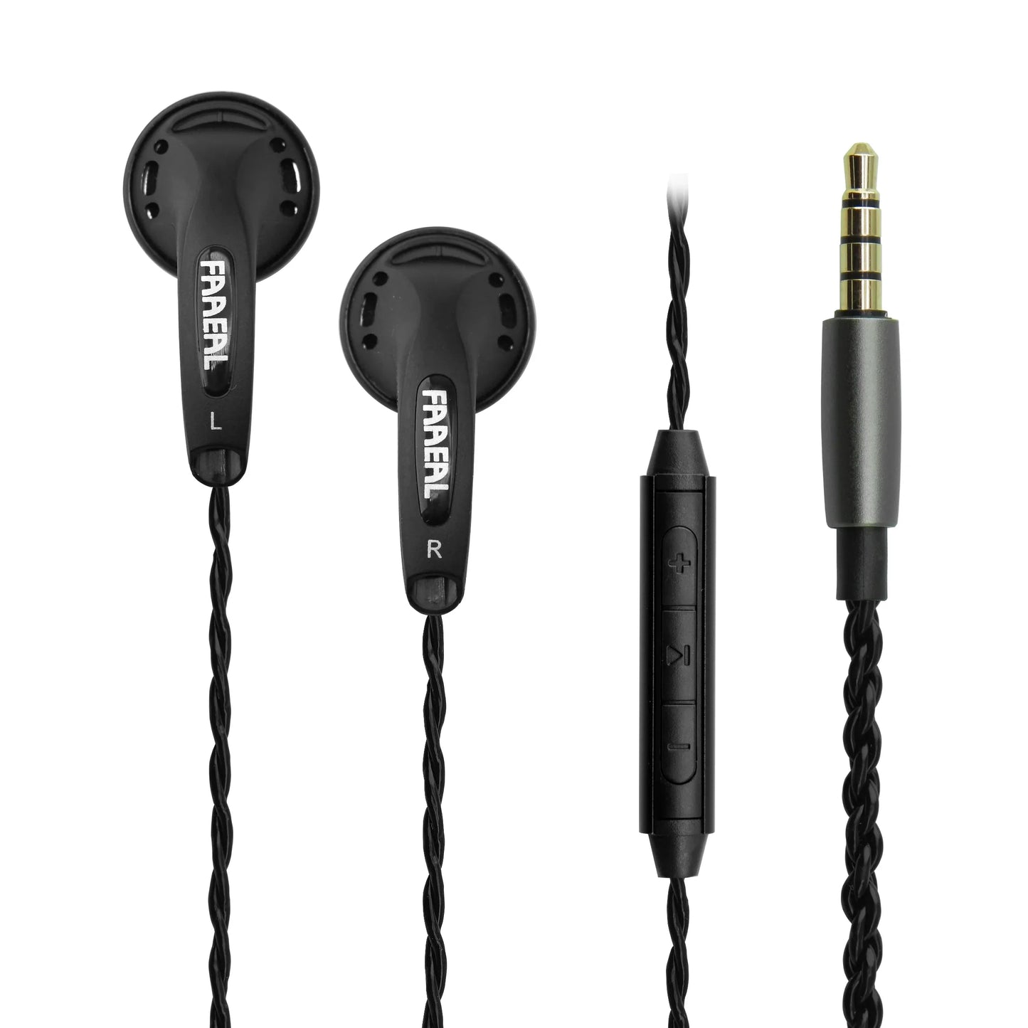 Black fareal in-ear earbuds with twisted cable and inline controls designed as bass music headphones for sports gaming