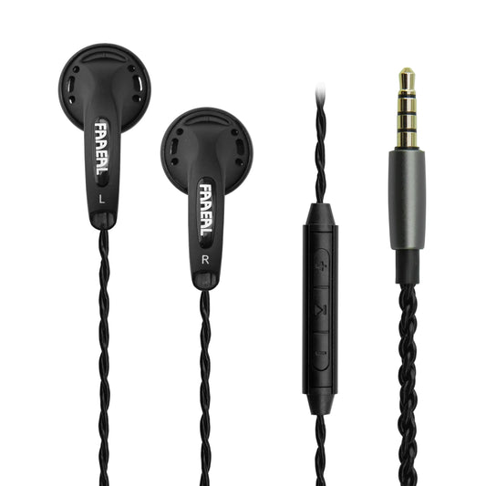 Black fareal in-ear earbuds with twisted cable and inline controls designed as bass music headphones for sports gaming