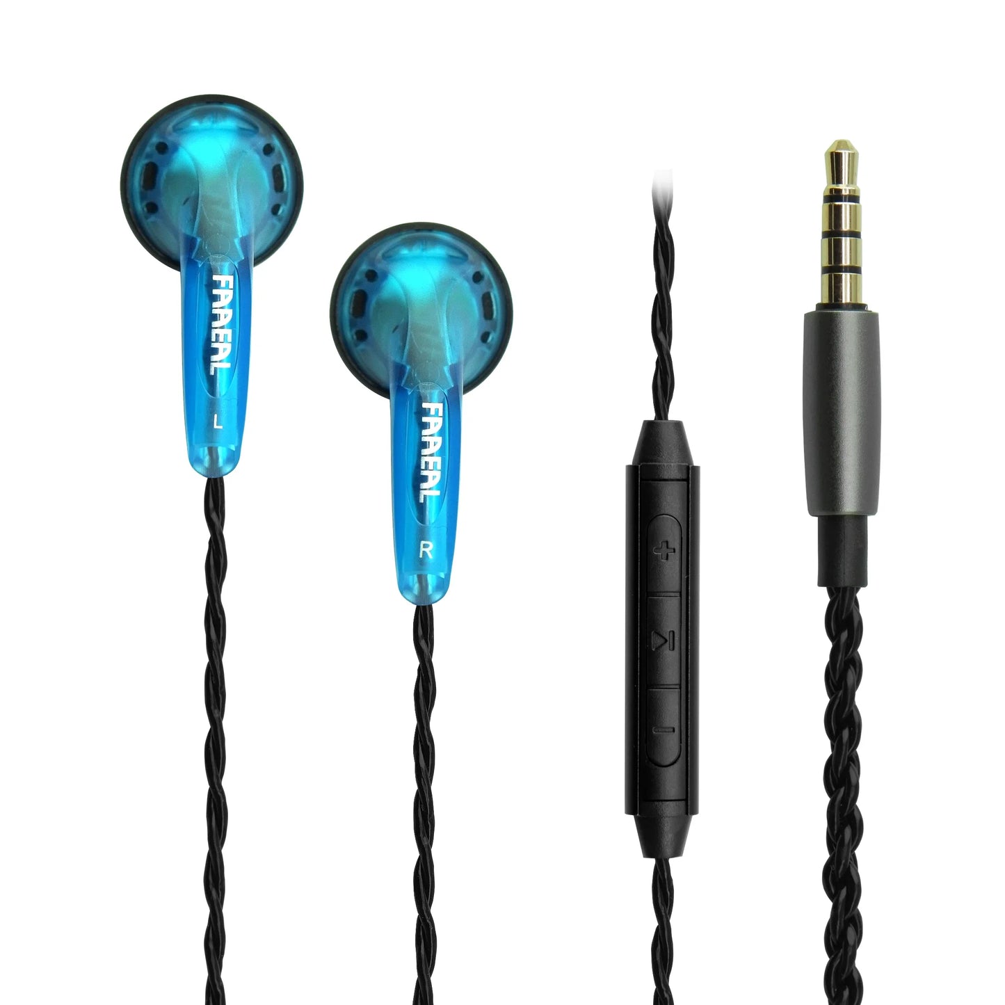 Blue translucent fanel in-ear bass music headphones with black twisted cable and inline control for running sports gaming