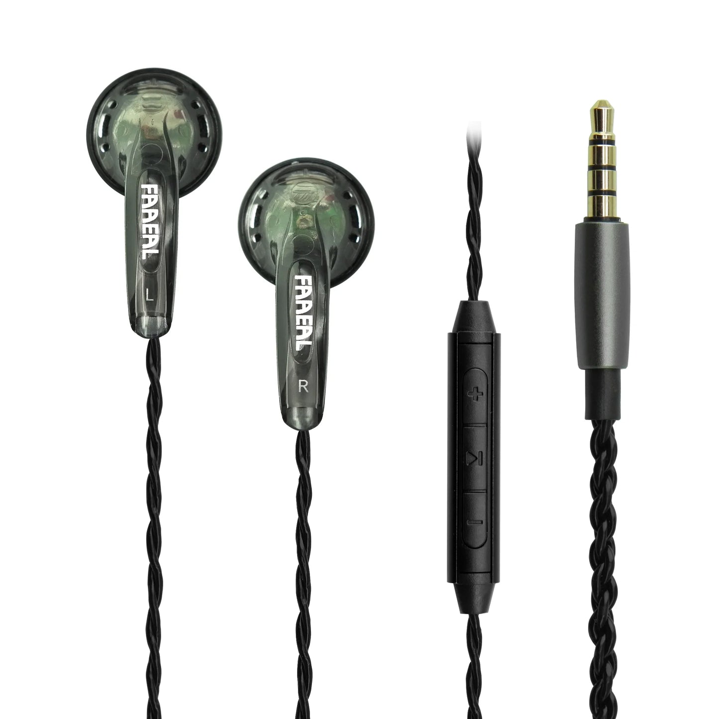 Black faberl iris 2.0 in ear wired headphones with transparent green tips and braided cable for bass music headphones and sports gaming headsets