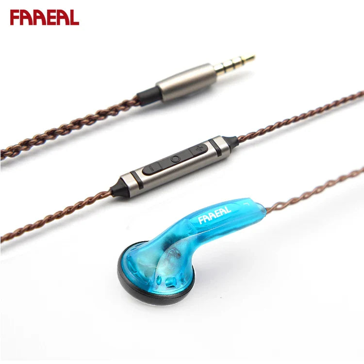 Transparent blue faareal in-ear headphones with braided copper cable and metallic inline controls for bass music headphones and sports gaming headsets