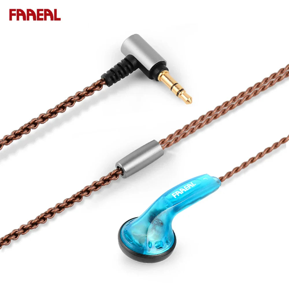 Fraeal iris 2.0 in-ear bass music headphones with translucent blue earbuds copper braided cable for running sports gaming