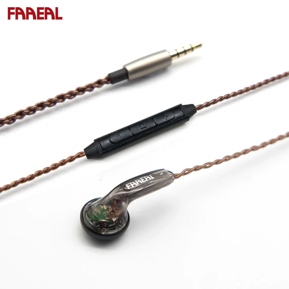 Transparent fareal in-ear headphones with braided copper cable and black inline control for bass music headphones running sports and gaming