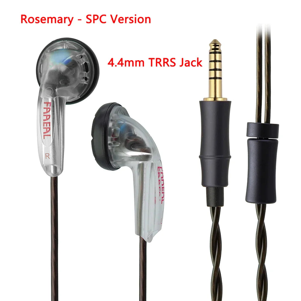 Clear plastic faaeal rosemary in-ear trrs balanced earphones 150ohms with silver accents and black ear tips