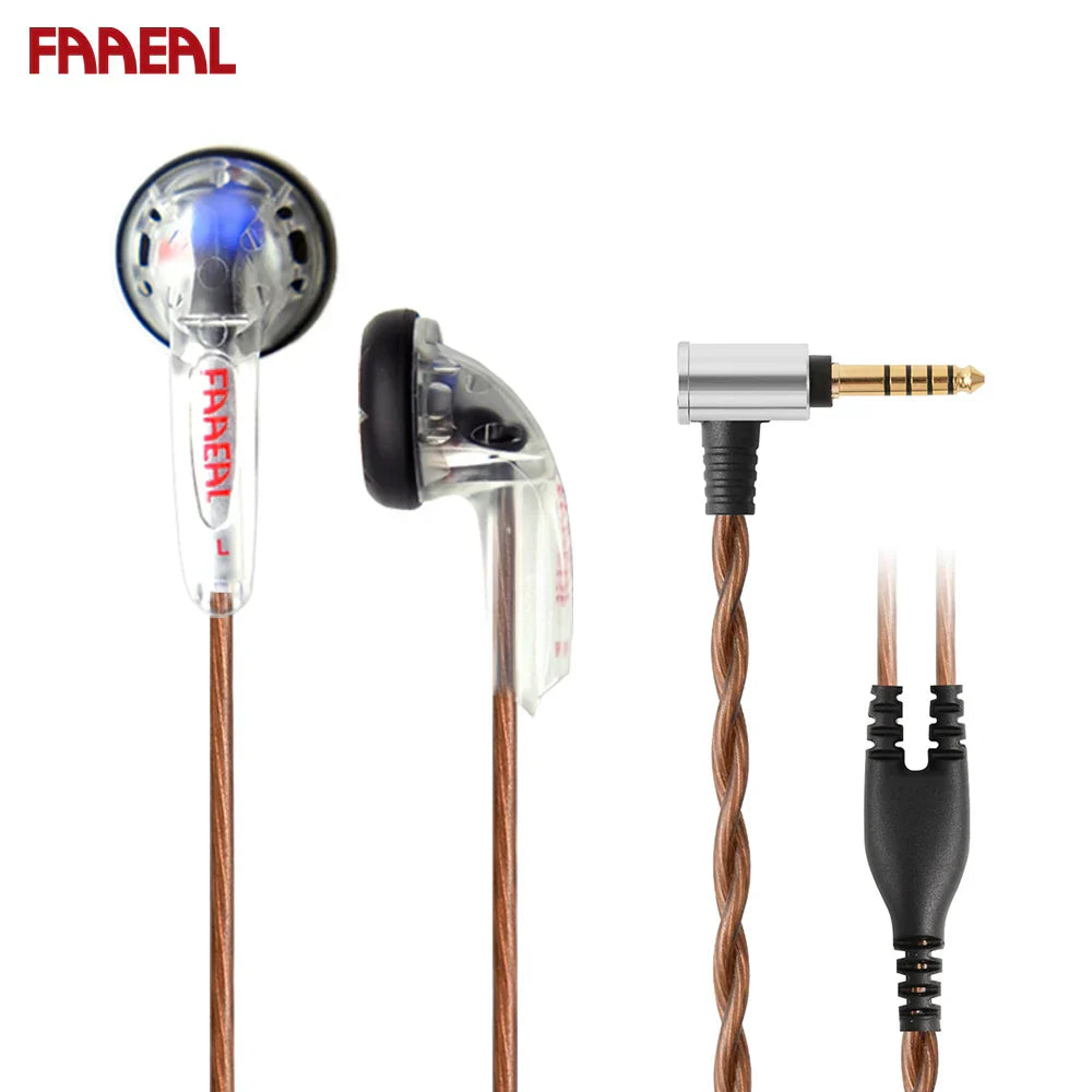 Clear plastic faereal in-ear trrs balanced earphones 150ohms with copper braided cables and silver angled 3.5mm connector