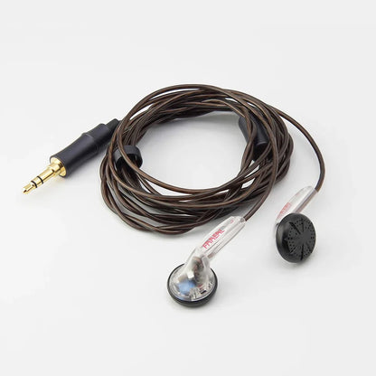 Clear plastic in-ear pioneer earbuds with black tips and brown braided cable trrs balanced earphones 150ohms hifi bass