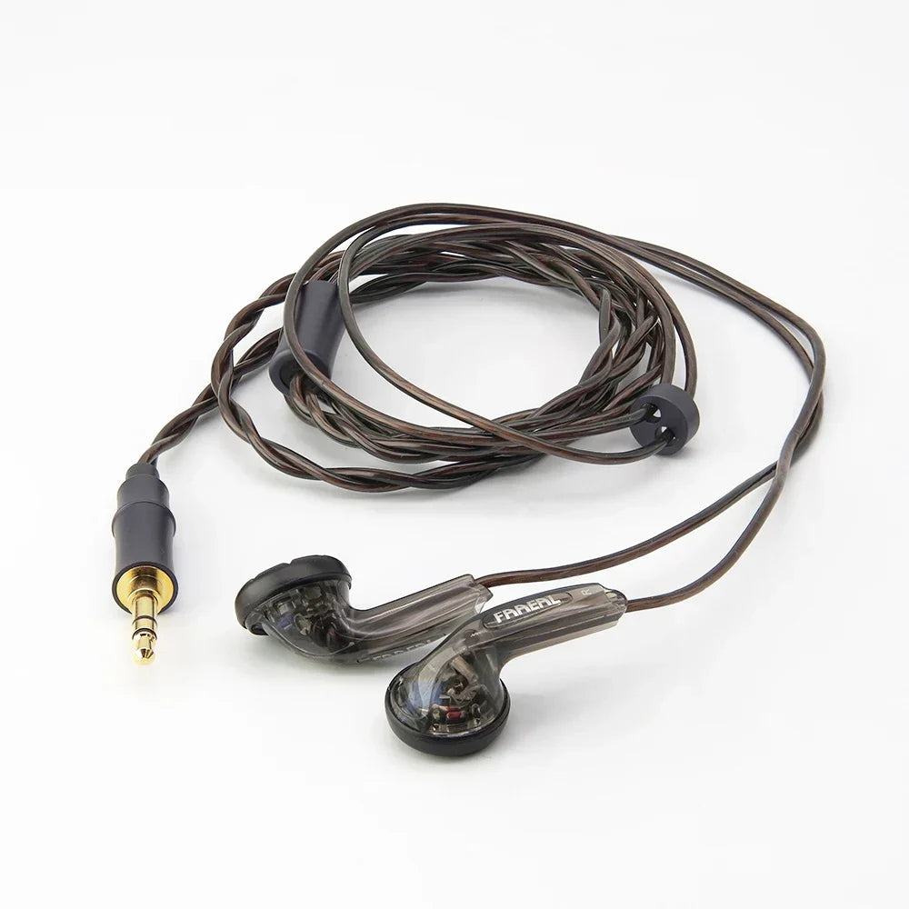 Transparent gray fiio faael rosemary trrs balanced earphones with braided brown cable and gold-plated 3.5mm jack 150ohms hifi