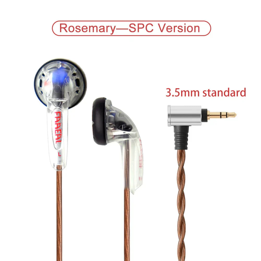 Clear transparent faael rosemary trrs balanced earphones with blue driver and copper braided cable 150ohms hifi bass
