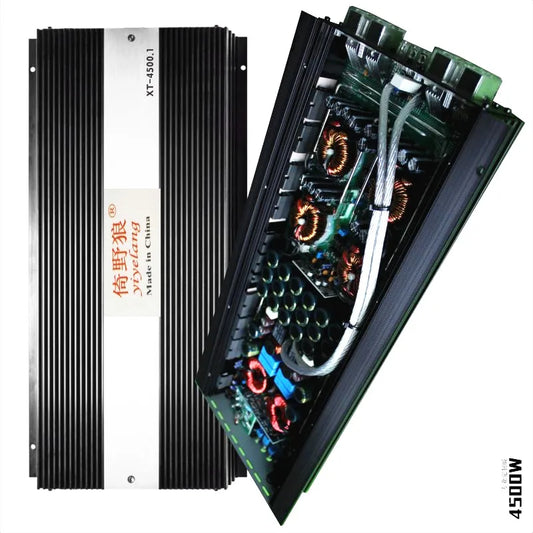 Black aluminum-finned professional hifi stereo car amplifier with visible circuitry and copper coils for stereo sound subwoofer