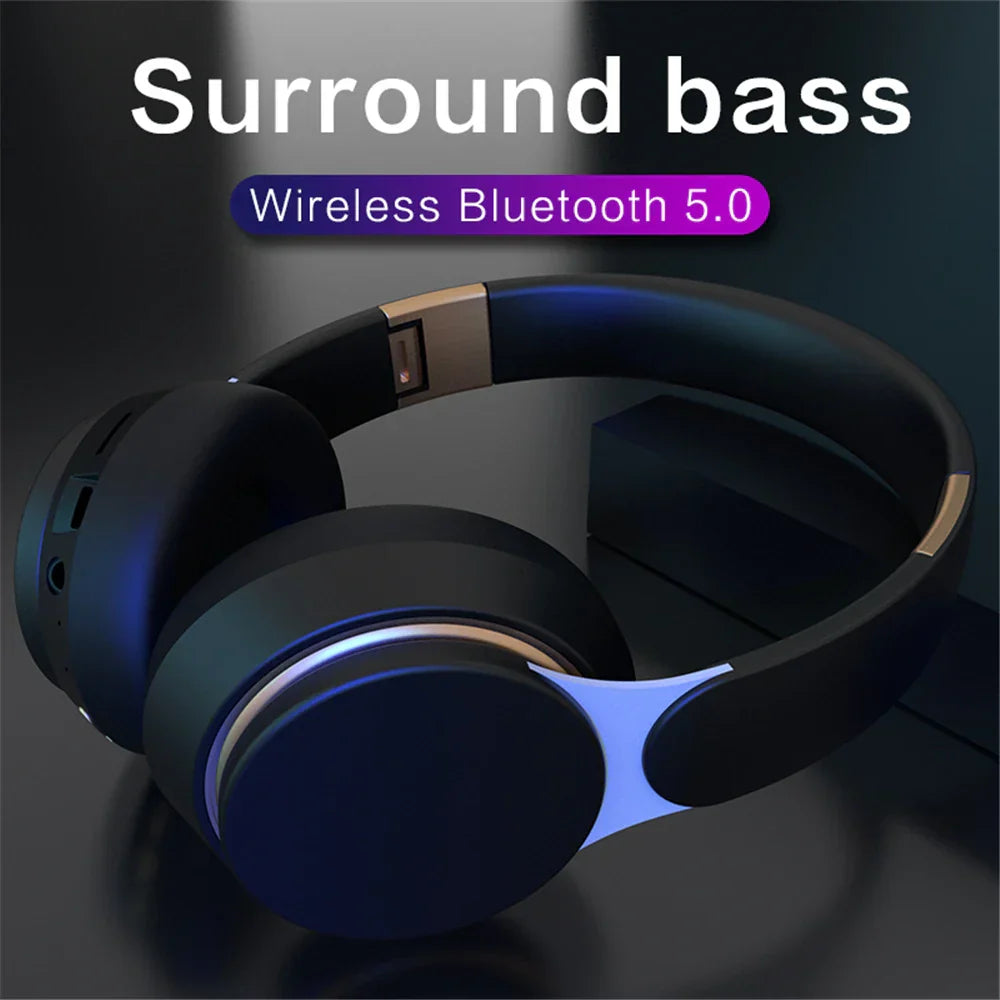 Black over-ear wireless headphones with gold accents and blue led lighting featuring deep bass stereo for factory wholesale deep use