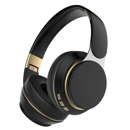 Black over-ear wireless headphones with gold accents featuring deep bass stereo for factory wholesale deep use