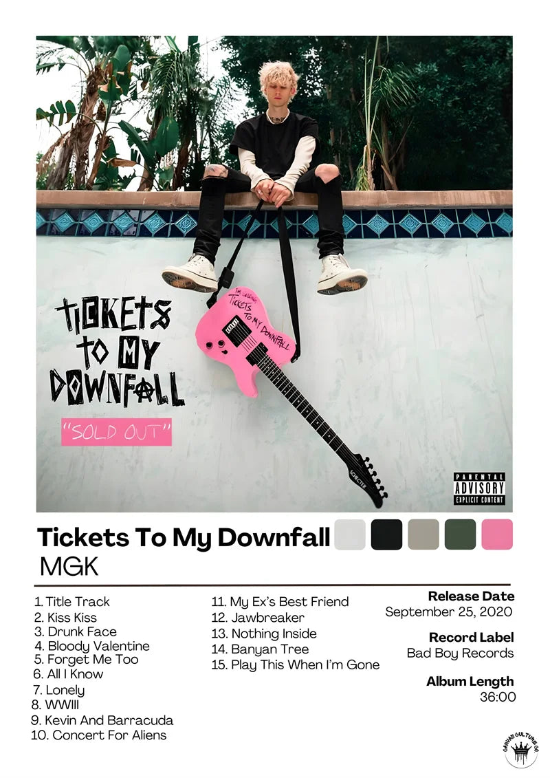 Pink electric guitar with black fretboard and handwritten text on body in famous music album singer poster art