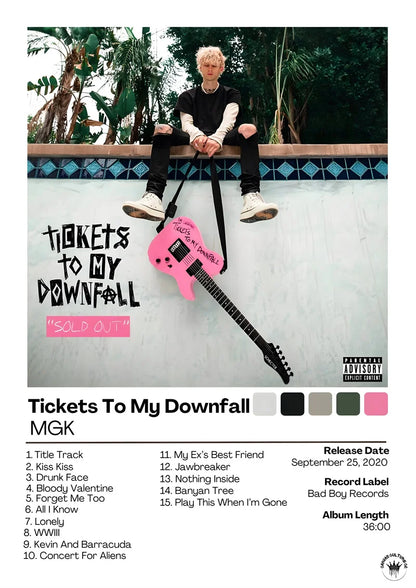 Pink electric guitar with black fretboard and handwritten text on body in famous music album singer poster art