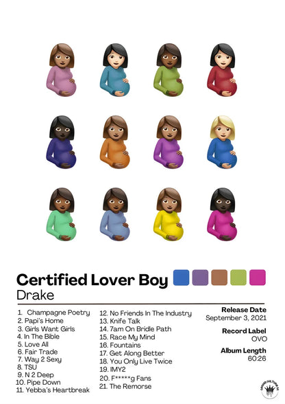 Famous music album poster featuring certified lover boy cover with diverse pregnant woman emojis for home wall decor