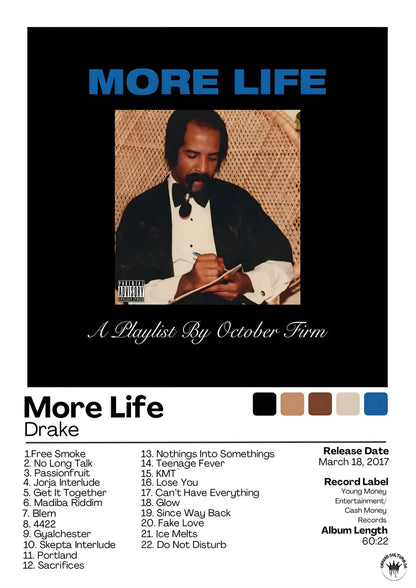 Black and white drake more life album cover poster featuring a man in formal attire writing on paper for wall decor