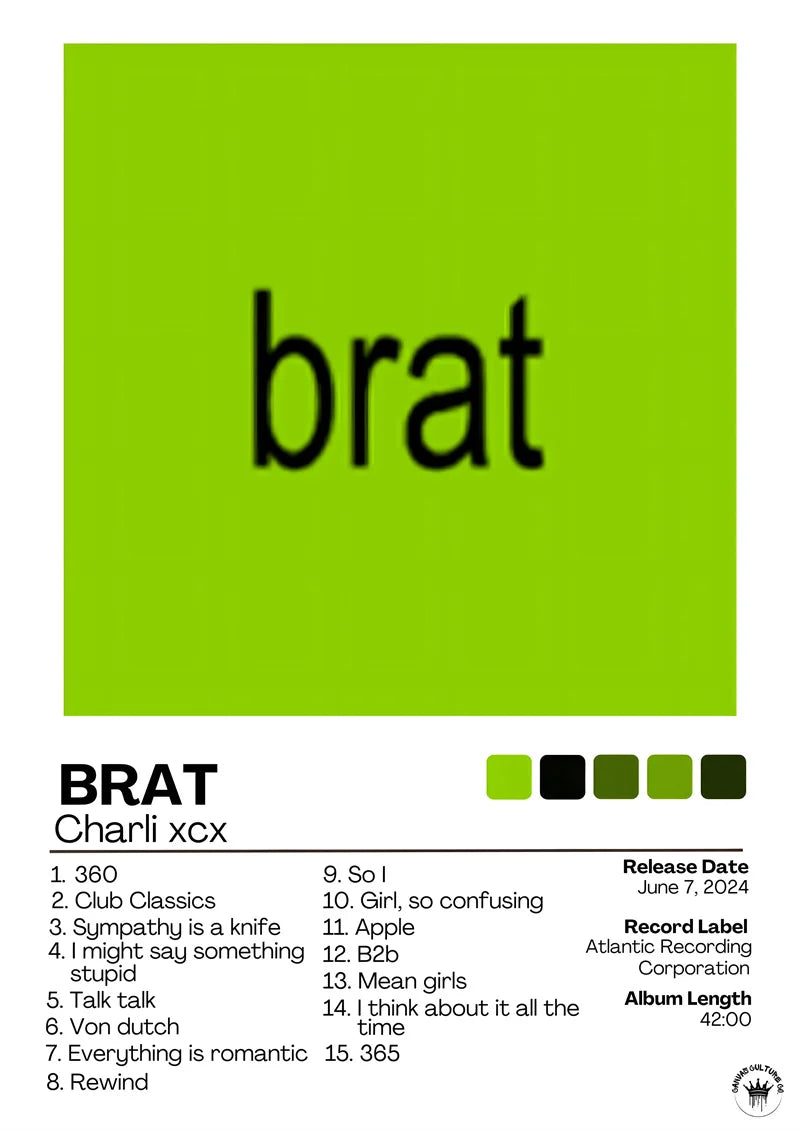 Lime green charli xcx brat album cover poster with bold black typography for modern home wall decoration