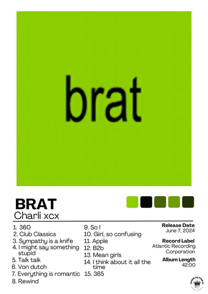 Lime green charli xcx brat album cover poster with bold black typography for modern home wall decoration