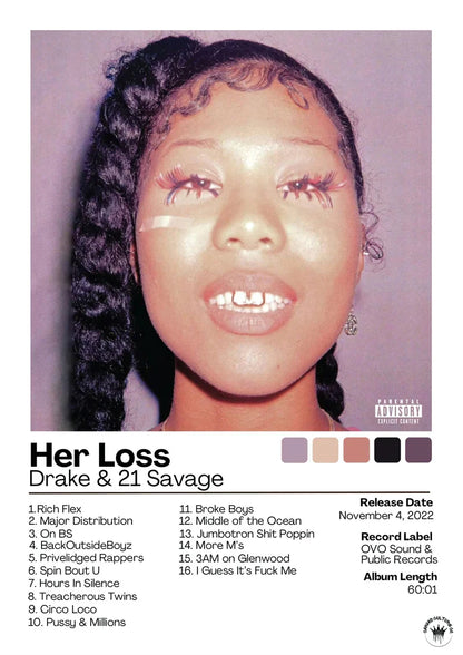 Famous music album poster featuring drake and 21 savage portrait with dark braided hair on muted purple background